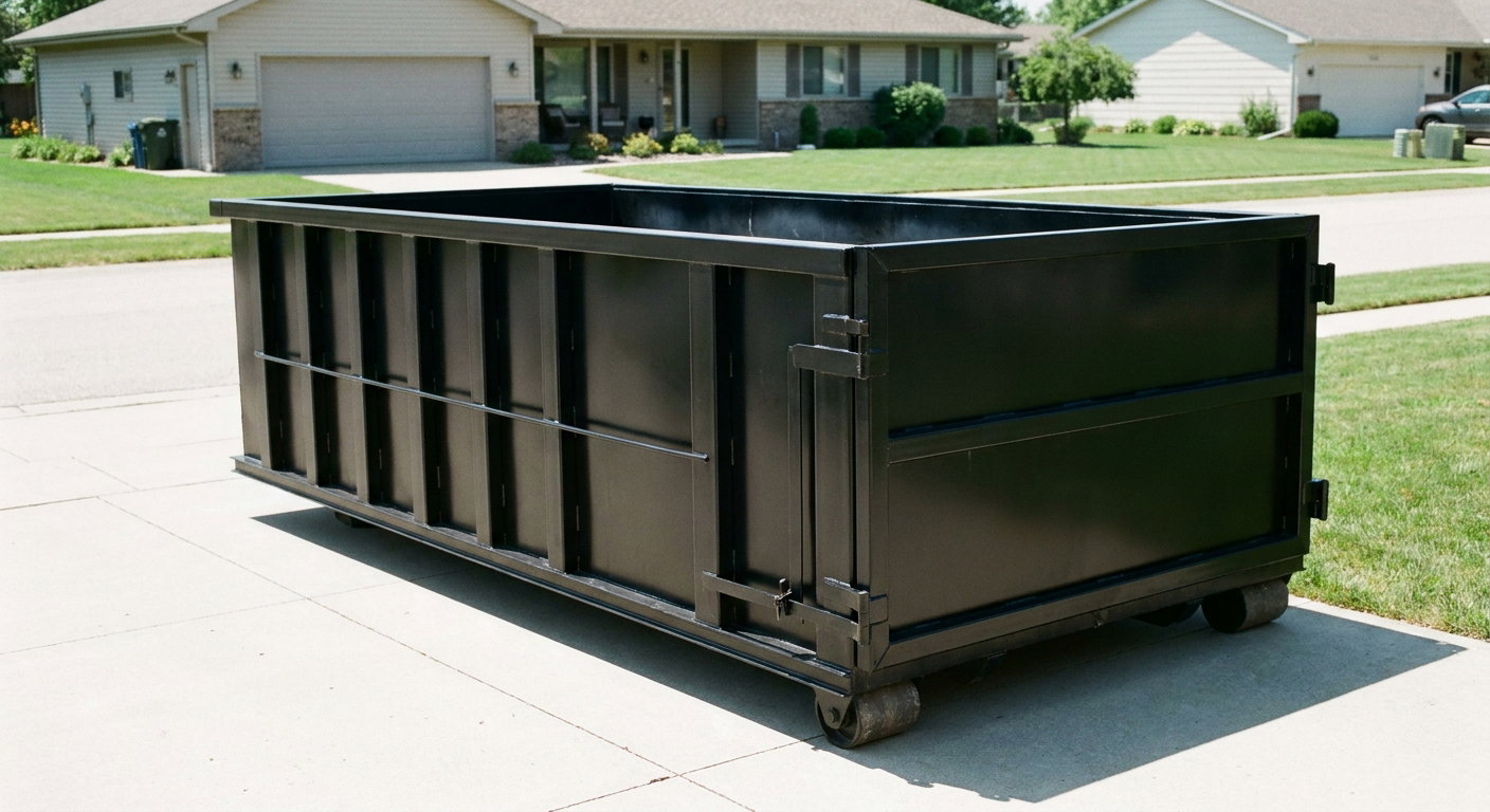 Matte-black 10-yard roll-off dumpster on a residential concrete driveway in Gulfport, uniformly painted matte black across every panel and rail, ribbed steel sidewalls and rear swing door visible, mid-day daylight.