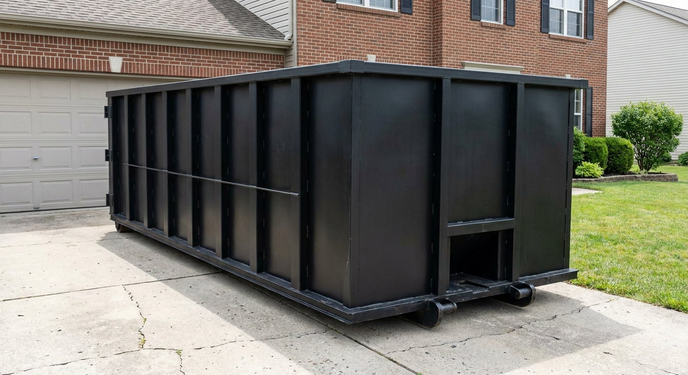 Matte-black 20-yard roll-off container on a Gulfport residential concrete driveway with reinforced ribbed steel sidewalls and a hinged rear walk-in door, clean bright daylight.