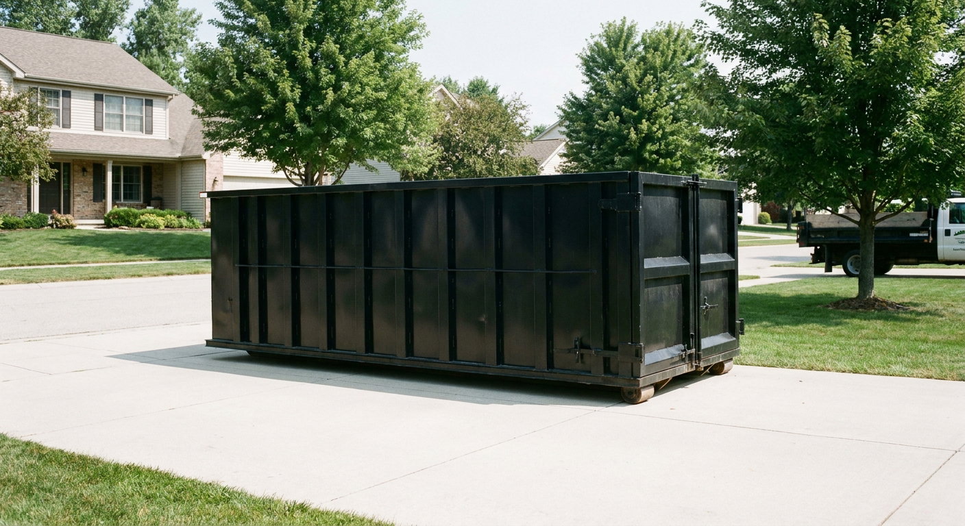 Matte-black 20-yard roll-off dumpster sitting level on a clean Gulfport residential concrete driveway under bright daylight, demonstrating clean placement directly on the concrete.