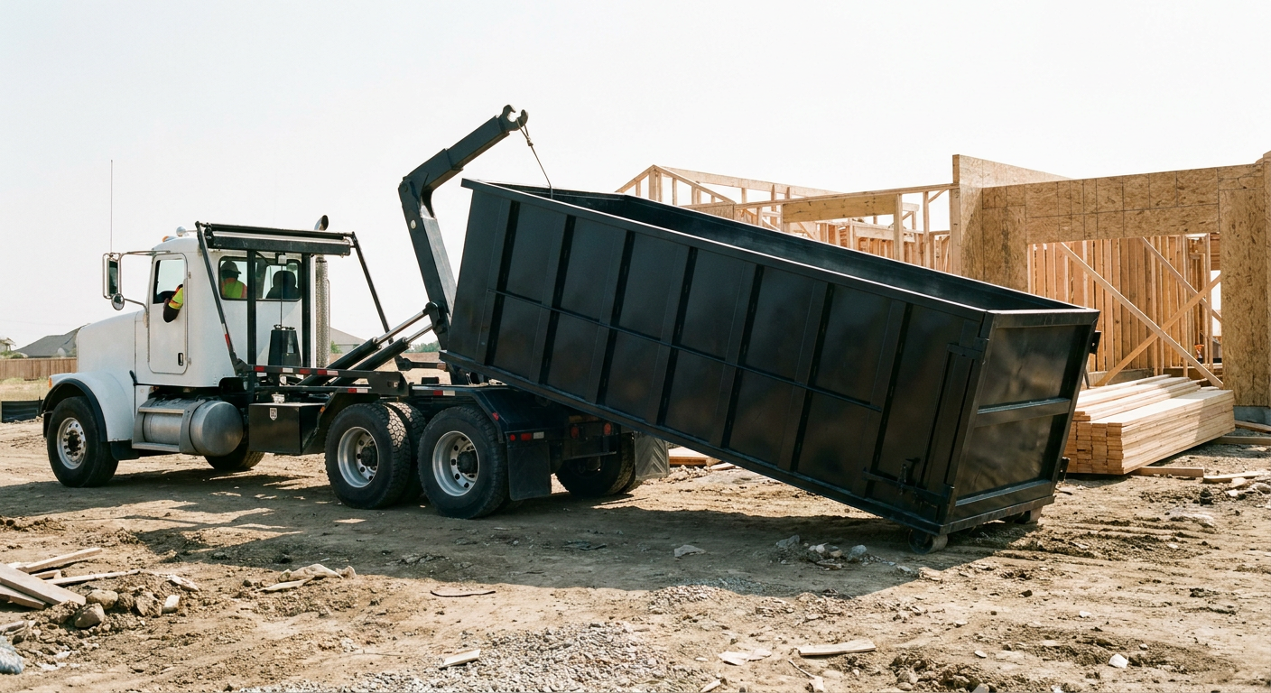 Matte-black roll-off dumpster being delivered onto a clean residential concrete driveway in Gulfport by an unmarked white hooklift hauler truck, bright morning daylight, documentary 35mm perspective.
